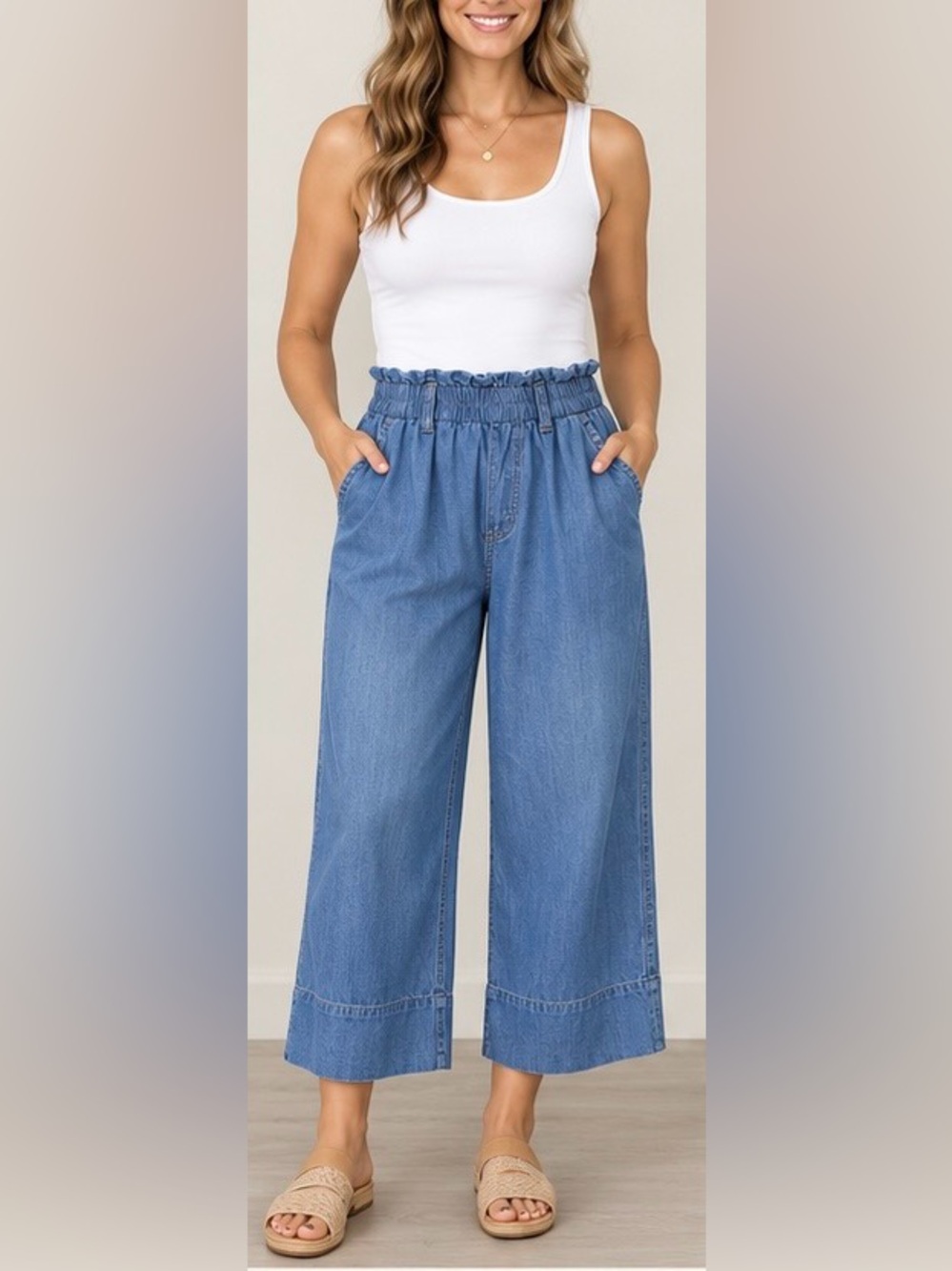 T Tahari Small Tencel Chambray Wide Leg Cropped Pants Elastic Waist Pockets